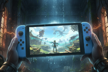 Epic gaming scene showing a Nintendo Switch 2 console with Zelda Tears of the Kingdom on screen, dra