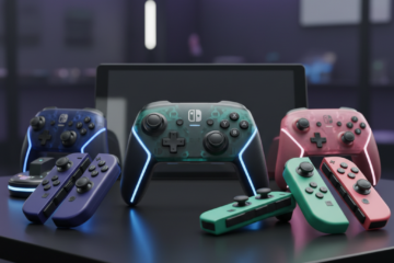 Professional gaming setup photograph showing multiple Nintendo Switch 2 controllers arranged on a sl