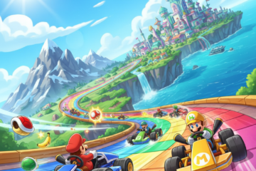 Mario Kart World en Nintendo Switch 2 - escena de carrera con karts en mundo abierto