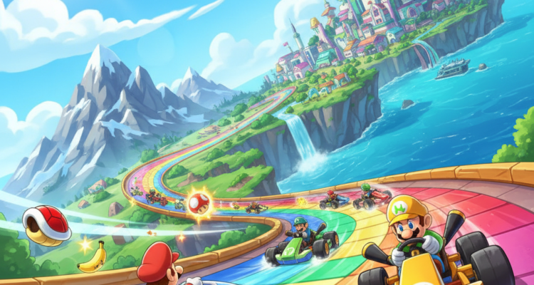 Mario Kart World en Nintendo Switch 2 - escena de carrera con karts en mundo abierto